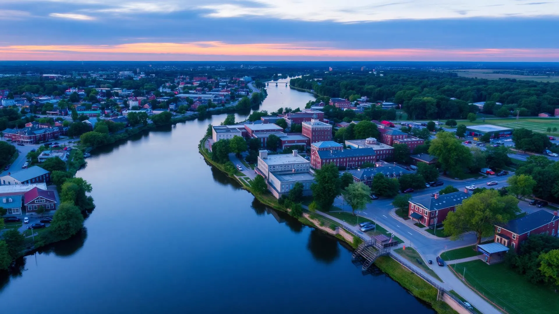 Aerial view of downtown Fremont Ohio along the Sandusky River